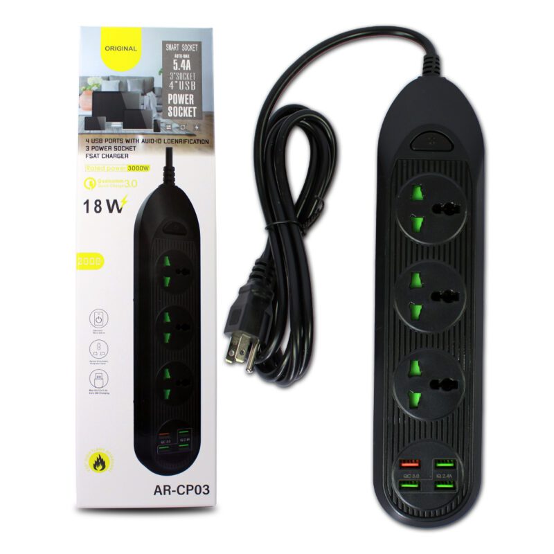 Multicontacto de 4 Entradas y 4 Puertos USB Carga Rápida ARCP03