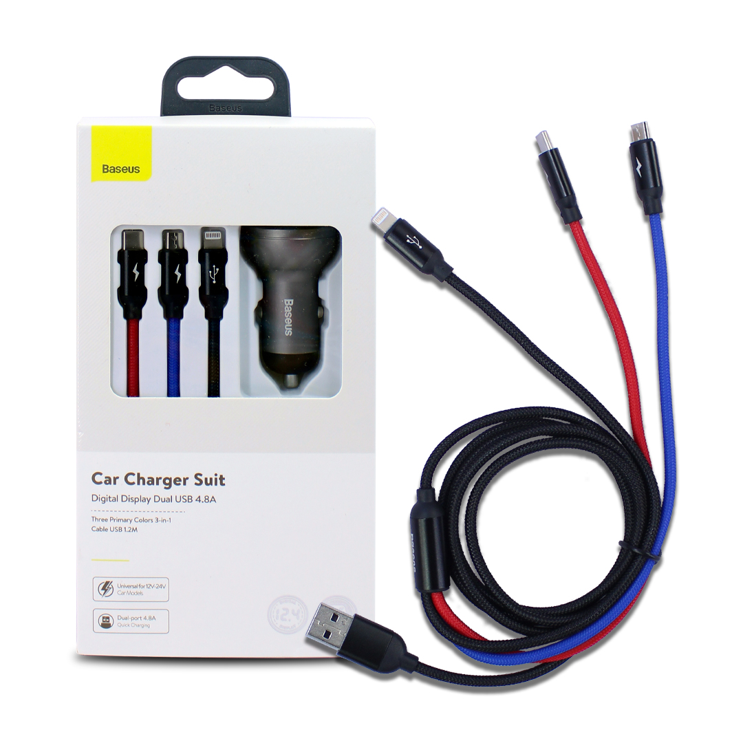Baseus Car Charger Dual USB 4.8A 24W With Three in one Cable 1m TZCCBX-0G 