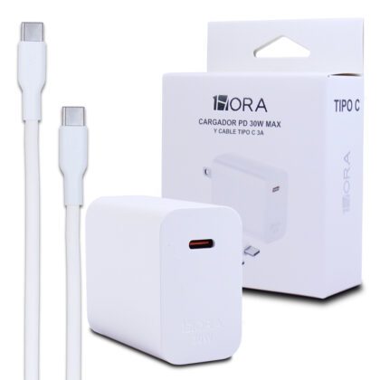 Cargador 1Hora Carga Rápida: Cubo PD de 30W MAX con Cable USB-C a USB-C de 1 Metro GAR165